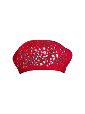 Y2K Mark Reed Women's Wool Beret Red Studded Metallic Silver Gold Classic OS